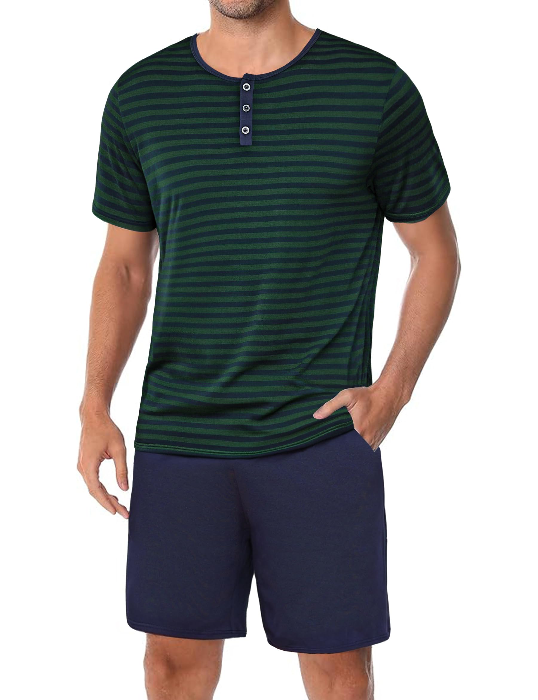 Marvmys Schlafanzug Herren Kurz Streifen Sommer Pyjama Set Baumwolle Nachtwäsche Männer Kurzarm T-Shirt Pyjamahose mit Tasche