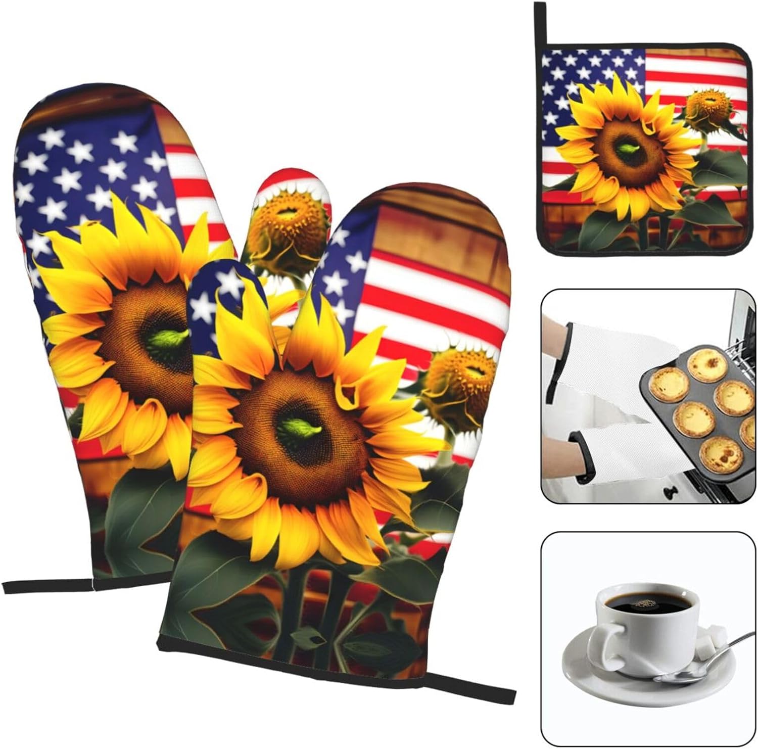 Sunflower and American Flag Print Heat Resistant Microwave Gloves, Used for Baking, Cooking, and Fashion Kitchen Essentials