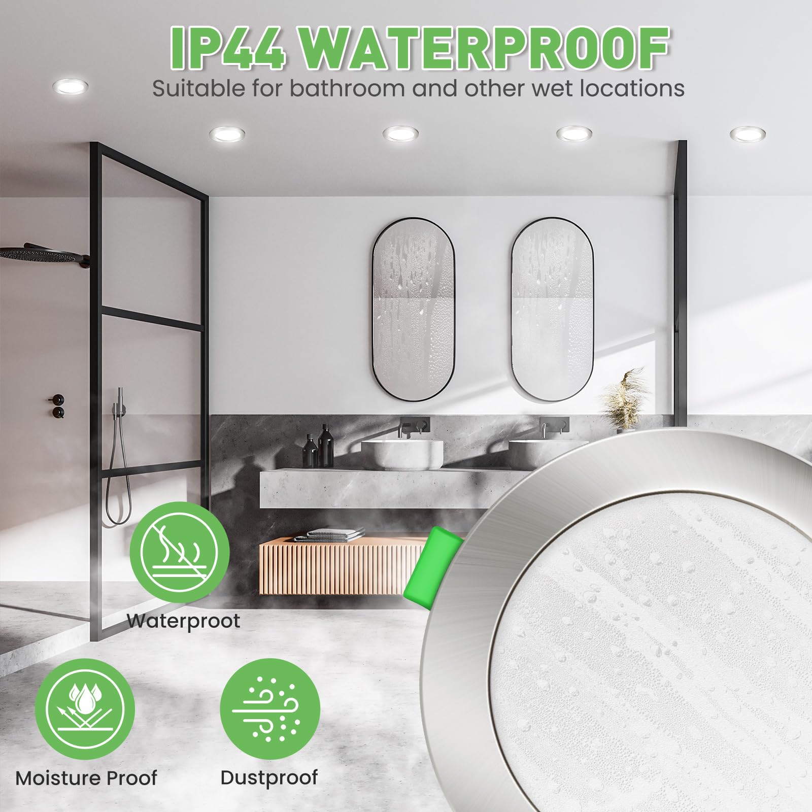 ALUSSO Ściemniany Punkt LED 230V 3WT 4W/6W/8W 3CCT 3000K/4000K/6500K Wodoodporny IP44 Regulowany Wbudowany Reflektor Suﬁtowy do Łazienki, Salonu, Opakowanie 10szt, Okrągły, Nikiel