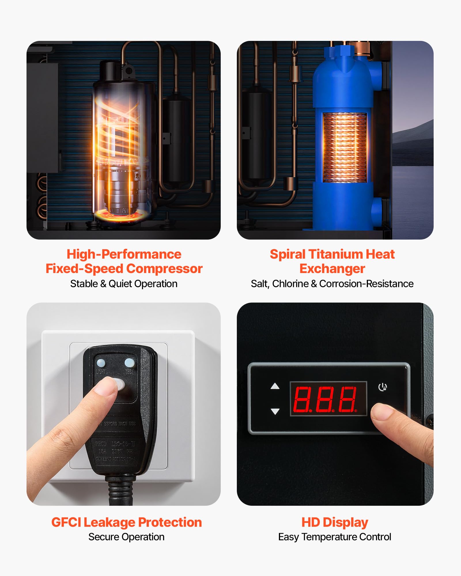 VEVOR Pompe à Chaleur pour Piscine 4,92 kW Chauffage Électrique Hors Sol 18 m³ COP 5,29 Faible Niveau Sonore GFCI