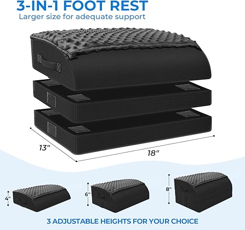 Miniatura 4 de Reposapiés debajo del escritorio para uso en la oficina, taburete de espuma viscoelástica de gel con 3 alturas ajustables y pies, bolsillo cálido