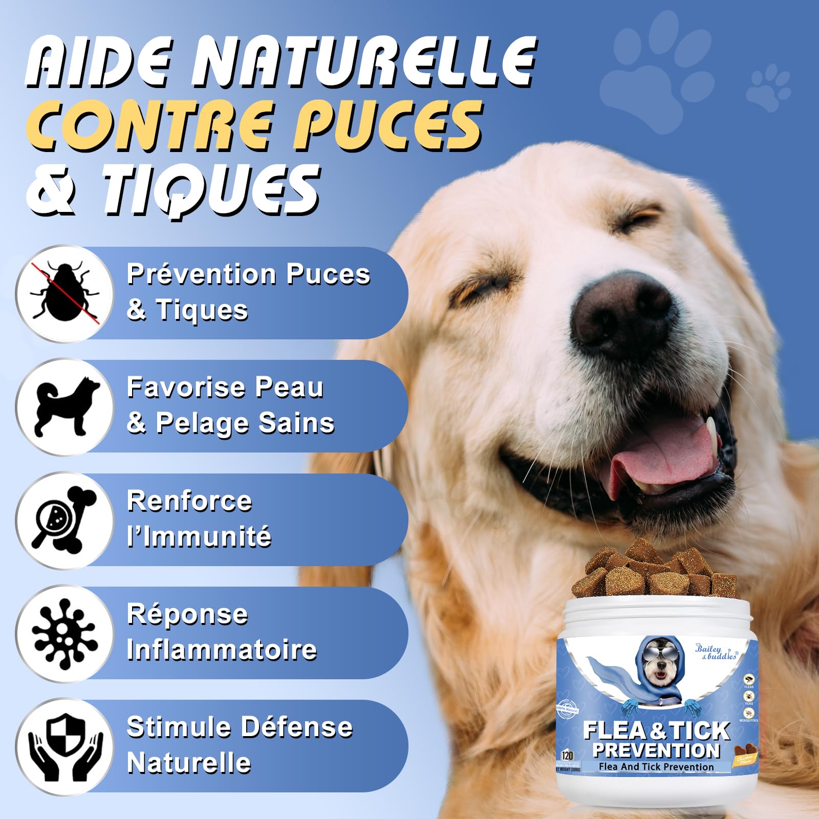 Flea and Tick Chewables for Dogs |Anti Puces & Tiques | Compléments Alimentaires Premium pour Chiens | Omega 3, Probiotiques Marque Britannique – Formule Vétérinaire| Poulet | 300g