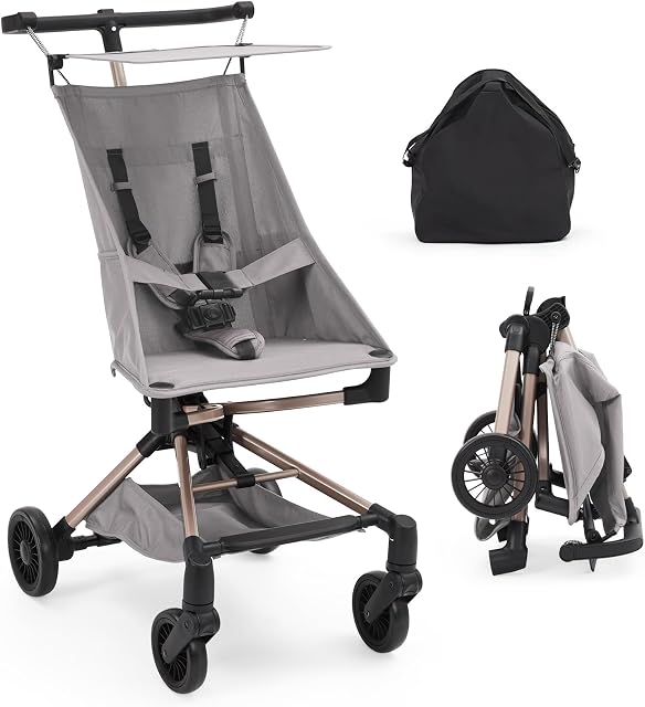 Lightweight Baby Travel Stroller, 8.4 Lbs Compact Airplane Friendly Stroller, One-Hand Quick Fold Design, Breathable Fabric with UPF 50+ Sun Canopy, Overhead Bin Compatible Portable Car for Infants & Toddlers,Grey