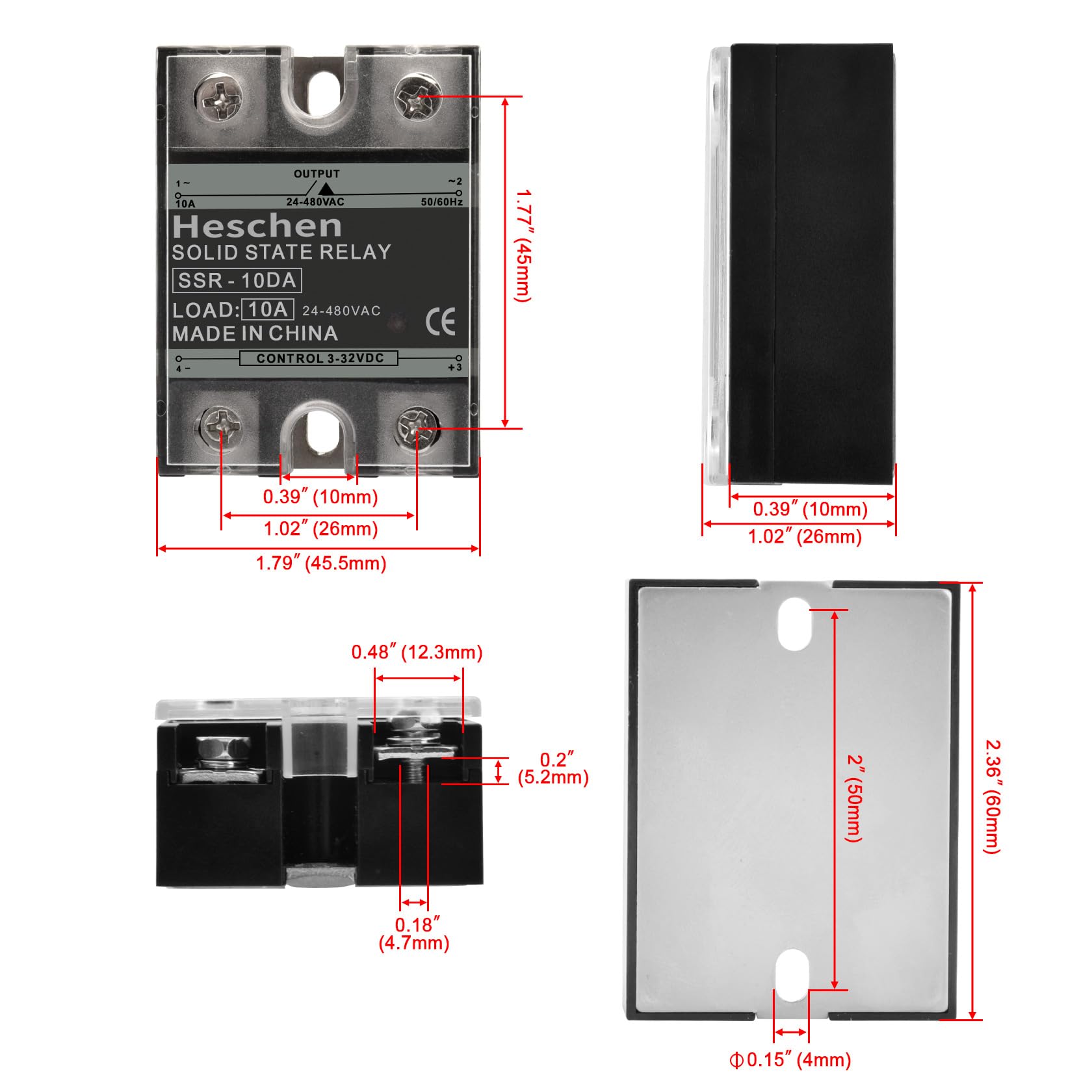 Heschen Jednofazowy przekaźnik statyczny DC/AC, SSR-10DA, wejście 4-32 VDC, wyjście 24-480 VAC, 10 A 50-60 Hz