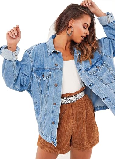 Justalwart Oversized Denim Jacket for Women Long Sleeve Classic Loose Jean Trucker Jacket