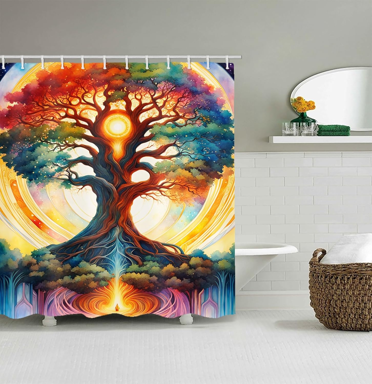 LYFANS Shower Curtains, with The Theme of The Tree of Life and Bright Colors, Brings A Unique Artistic Atmosphere to The Bathroom. The 72x72 Inch Fabric Shower Curtain Comes with 12 Hooks.
