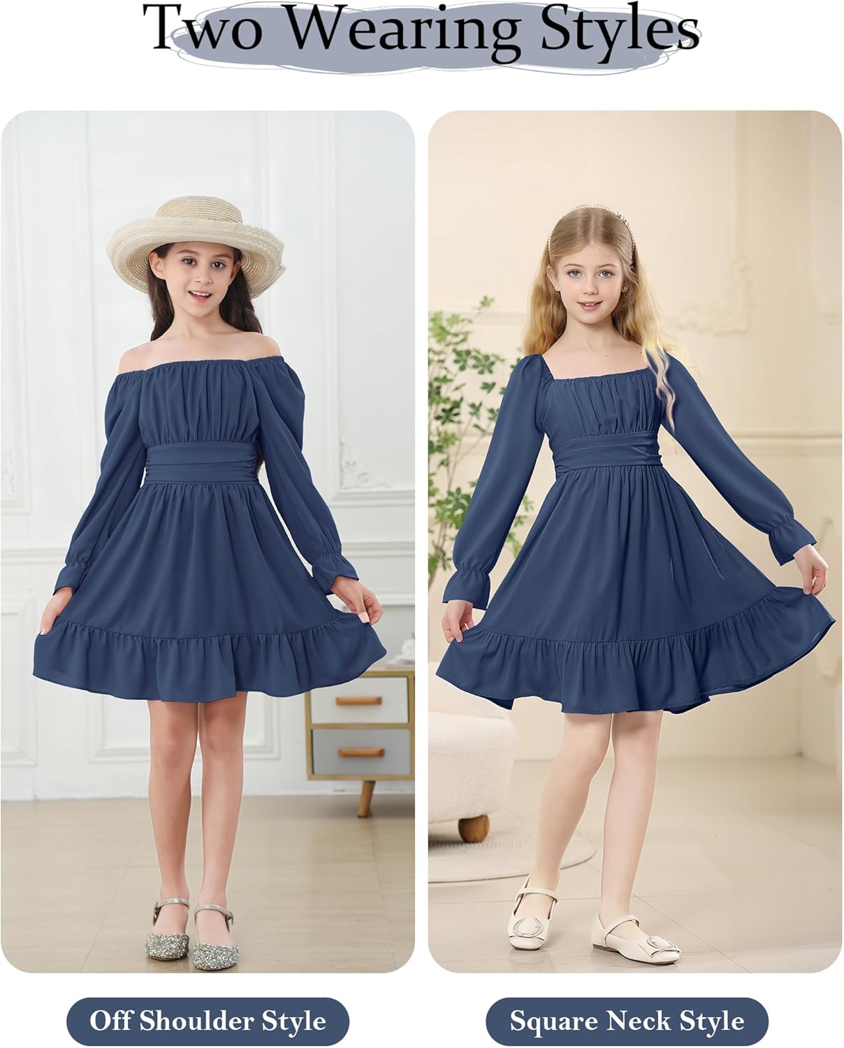 Durio Girls Dresses for Teens Girls Tie Back Off Shoulder Dress Cute Long Sleeve Dress Easter Kids School Party Dance Dresses - Image 4