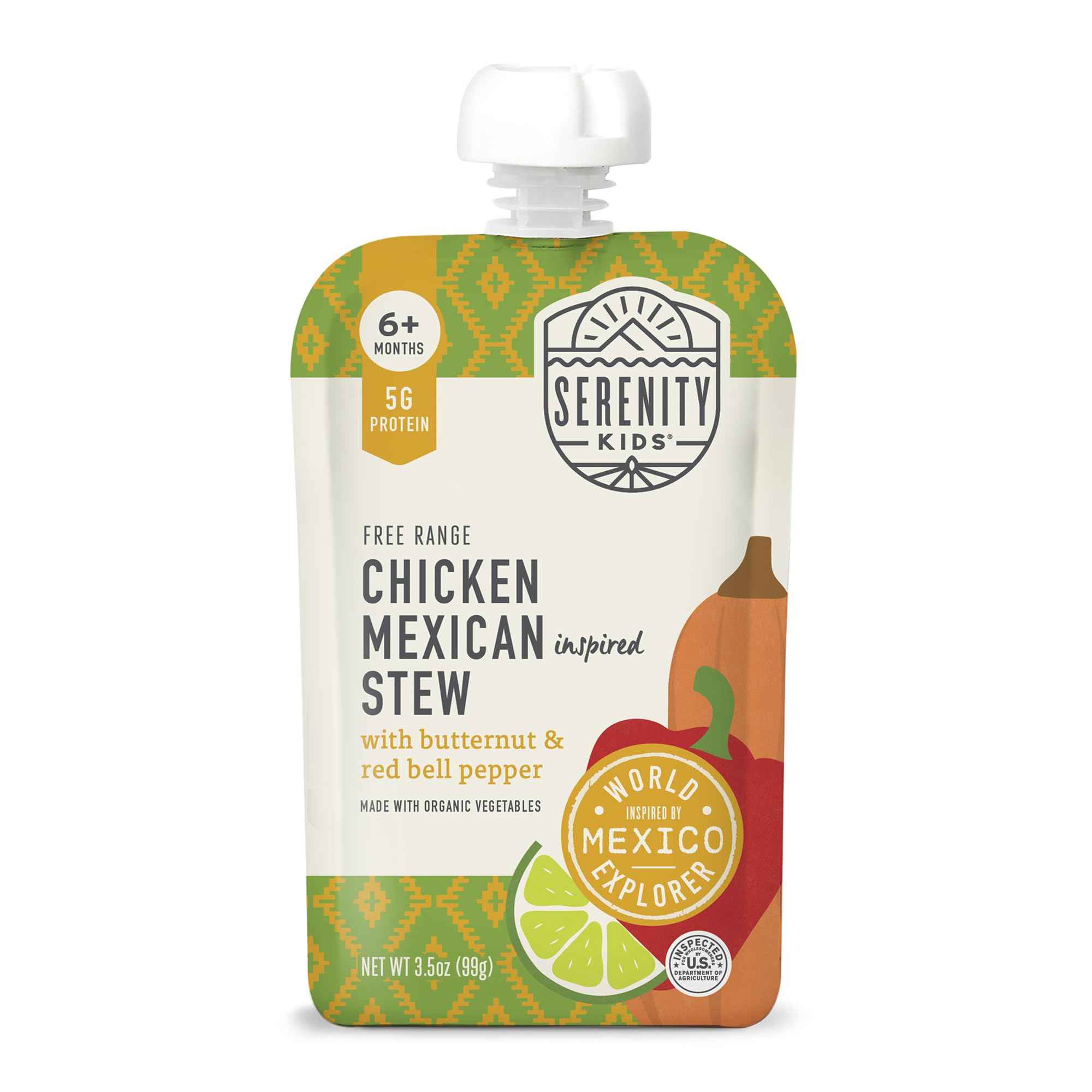 Serenity Kids 6+ Months Chicken Mexican Stew Baby Food Pouch - 3.5 oz, Pack of 12 - DV 5g Protein Baby Protein Pouches - Chicken Veggie Puree - On-the-Go Convenience