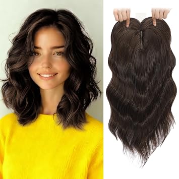 TYQ Hair Toppers for Women with Thinning Hair,14 Inch 360 3D Synthetic Curly Wavy Side Part Clip in BangsDark Brown Mixed Chestnut