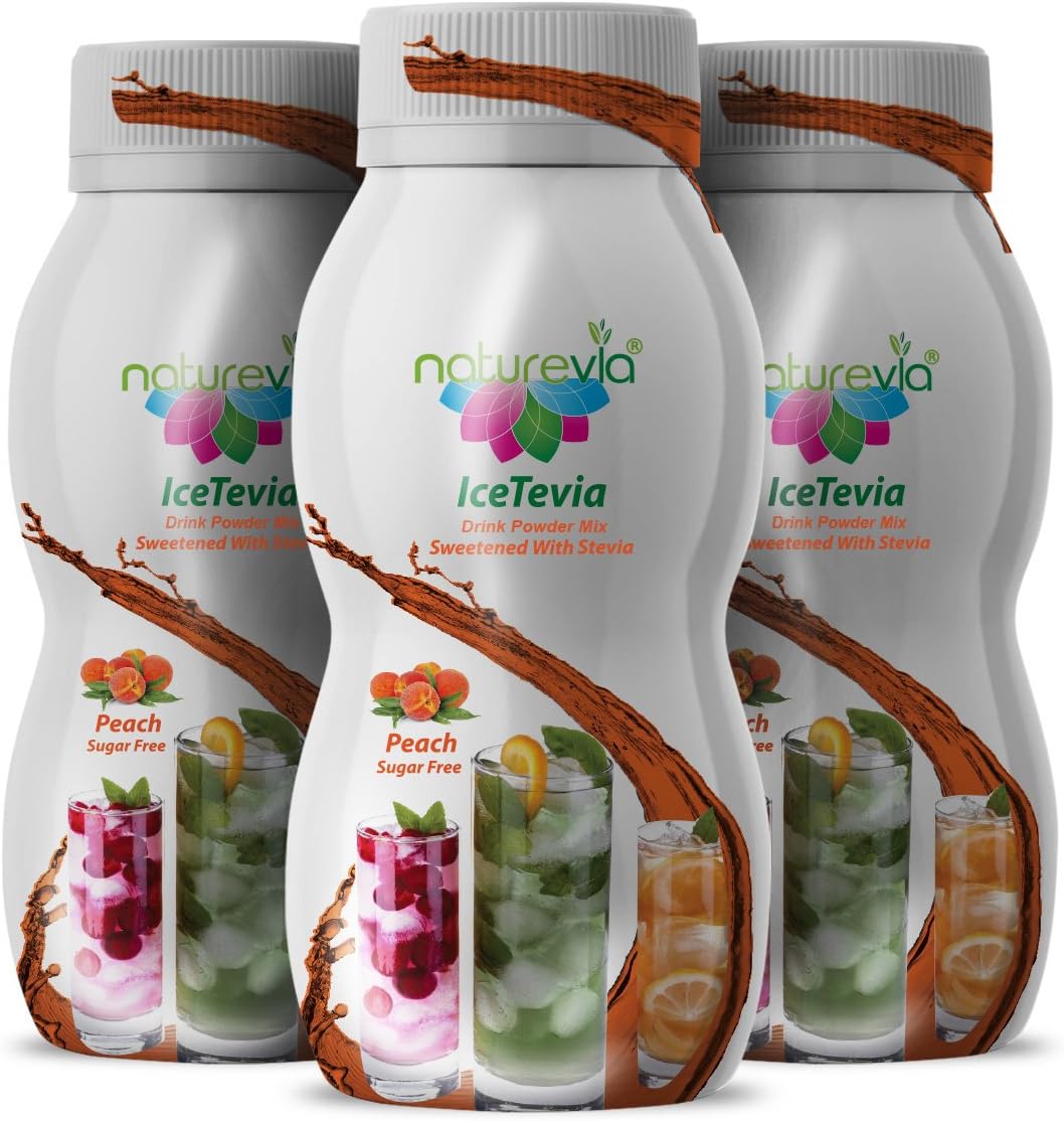 Sugar-Free Iced Tea Powder (10.5 oz, Pack of 3) - IceTevia Drink Powder Mix Sweetened with Stevia, Natural Prebiotic Fiber, Low-Calorie, Free of: Sugar, Gluten, Aspartame; Peach Flavor
