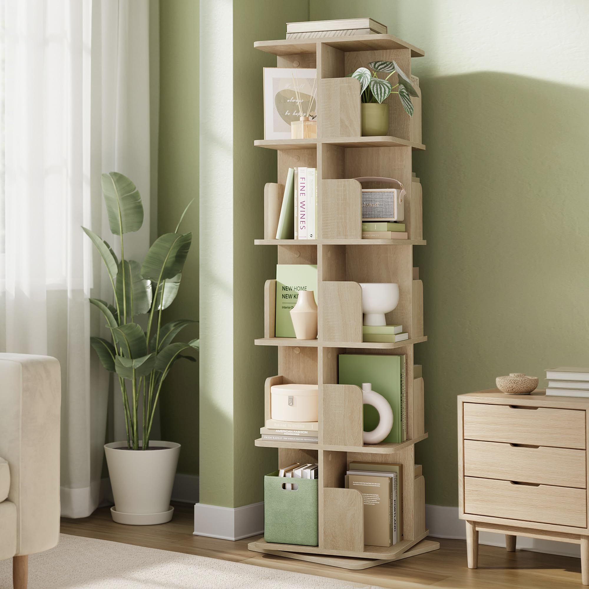 EUGAD Libreria Girevole a 5 Livelli, Libreria Alta e Stretta, Scaffale d'Angolo a Pavimento, Scaffale Girevole per Libri, Rovere Chiaro
