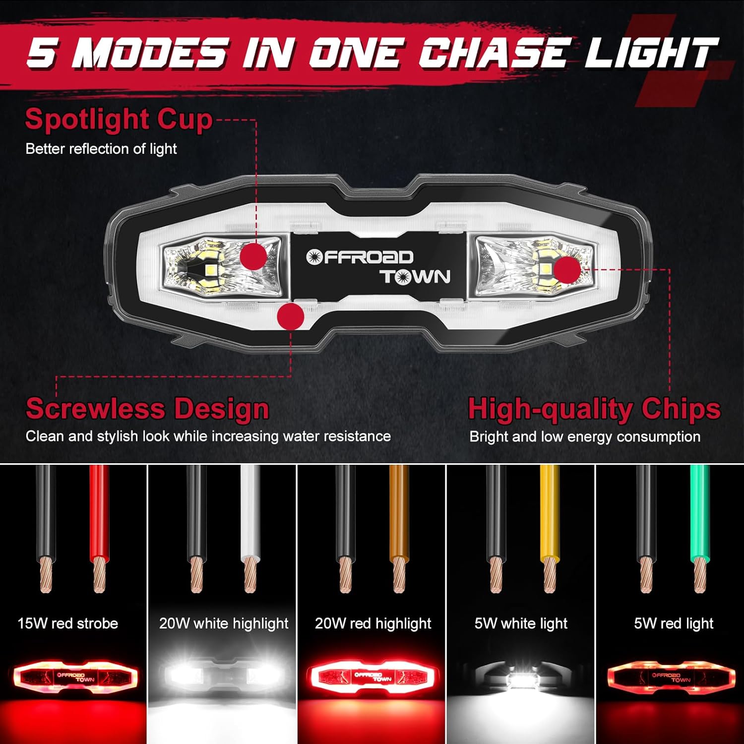 OFFROADTOWN Chase Light UTV Tail Lights LED Chasing 5 Modes (Strobe, Brake, Reverse, Running and License) for Jeep Wrangler JK JL Polaris Can am RZR Honda Pioneer ATV Pickup Boat