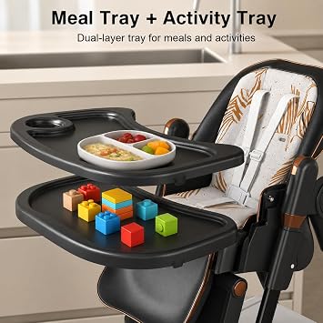 Baby High Chair for Babies and Toddlers, Foldable Feeding Chair with Wheels, Adjustable Seat Height, Backrest, Footrest, Removable Tray, PU Cushion, 5-Point Harness, Black