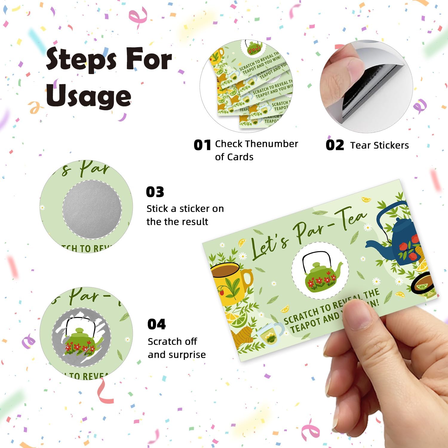 Let's Par Tea Theme Funny Party Game Scratch Off Cards 32Pcs, Lady Tea Party Holiday Event Raffle Tickets, Lottery Game for Group Activity Engagement Bachelorette Party Game, Bridal Shower