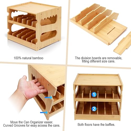 Miniatura 6 de Organizador de latas de bambú para despensa, organizador de despensa de bambú de 2 niveles para encimera de cocina, almacenamiento de alimentos para