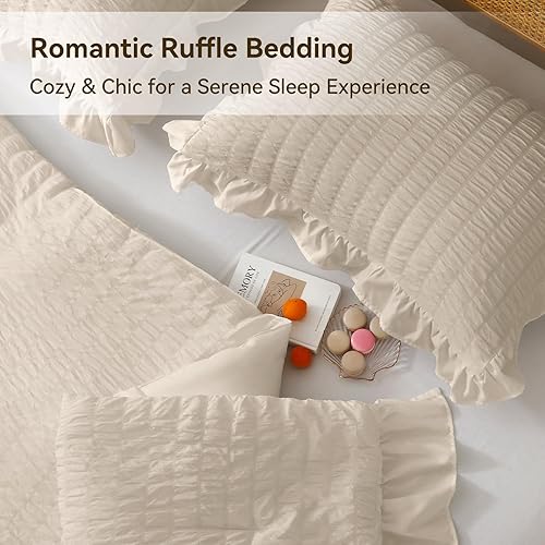 Miniatura 5 de JOLLYVOGUE - Juego de edredón tamaño queen, de 3 piezas, estilo seersucker, ligero y esponjoso para todas las estaciones, con 1 edredón con volantes