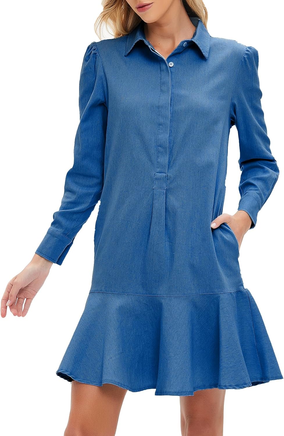 Women Denim Shirt Dress Long Sleeve Ruffle Chambray Jean Mini Dress Button Down 2025 Casual Shift Dresses - Image 2