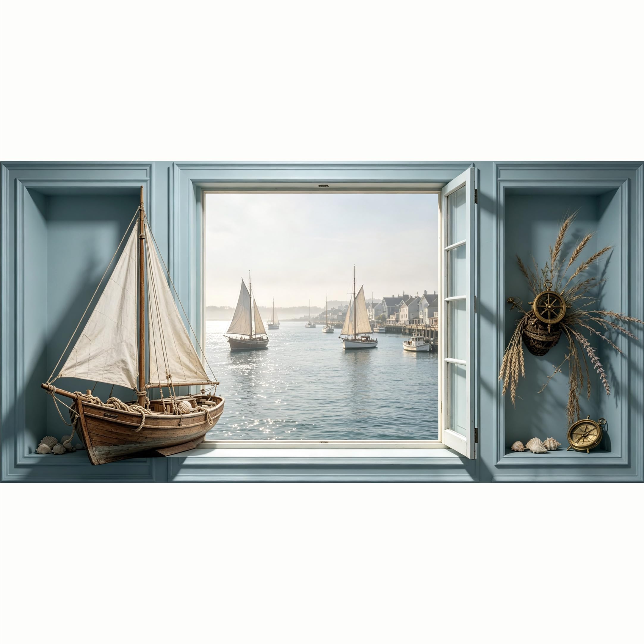 QZLITHOTIC 50x100cm 3D Framed Wall Art， Coastal Sailboat Harbor Window View SelfActivated Peel & Stick Fabric Decor Wall Decal for Bedroom Living Room