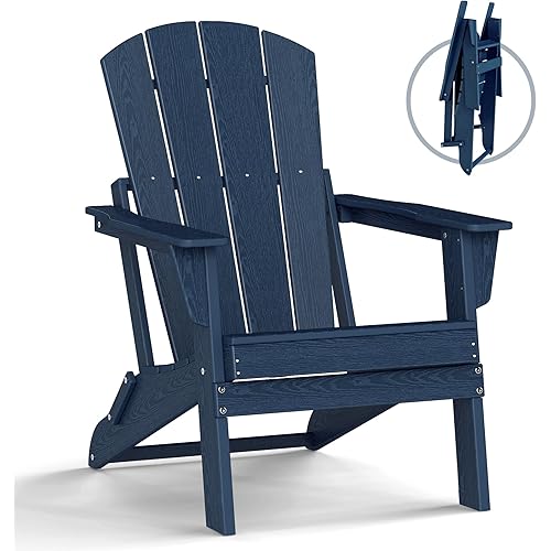 Folding Adirondack Chair, Lightweight & Portable HDPE Patio Chair, All-Weather Space-Saving Foldable Fire Pit Seating for Camping, Backyard, Deck-Navy Blue