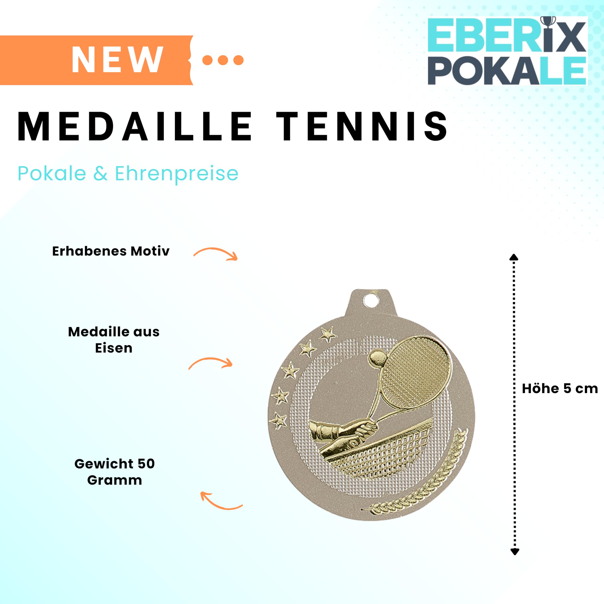Tennis Medaille 50 mm, Sportmedaille aus Eisen mit Band, Tennis Auszeichnung für Turnier, Verein, Schule & Wettkampf, Medaillon für Sieger, Tennissport Ehrung | Aus Eisen