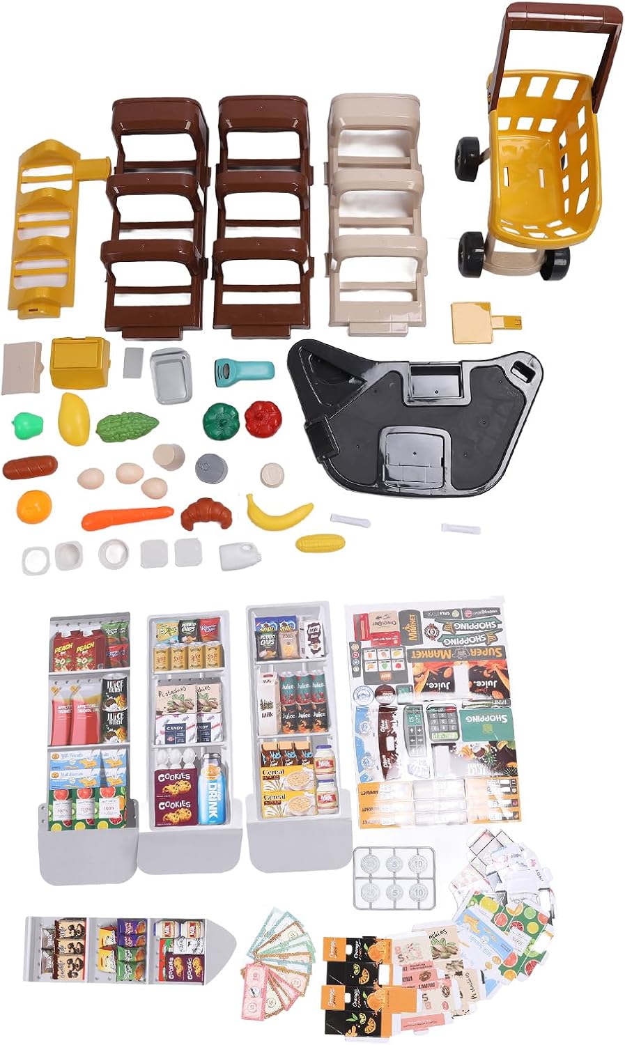 Kids Supermarket Set, Cash Supermarket Playset Cart for Kids with Food Fruit Vegetables, Shopping Cart Trolley Toy Food Grocery Store Playset Toys Accessories