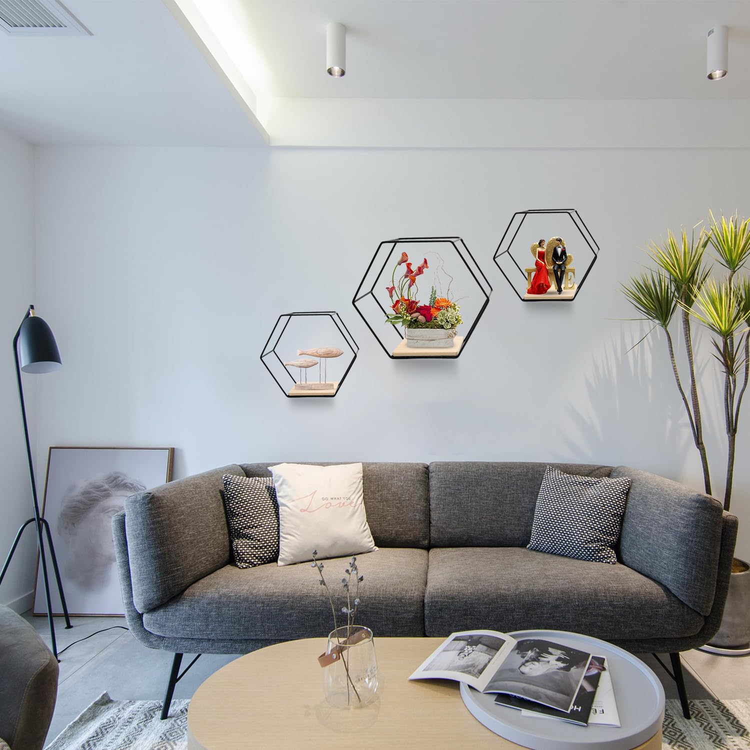 Mensole Galleggianti Esagonali da Parete in Metallo - Set di 3 Moderne Mensole Geometriche Nere per Soggiorno, Camera da Letto - Ornamenti