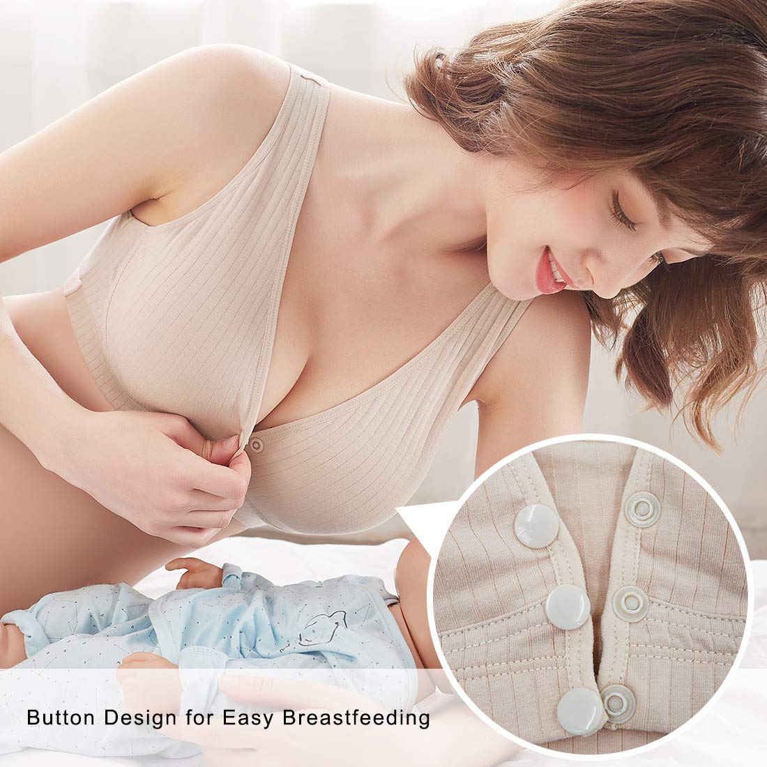 ATOX Nursing Bras for Breastfeeding Cotton Wireless Maternity Bra Seamless Support Front Snap Padded Bralettes Beige - Image 2 thumbnail