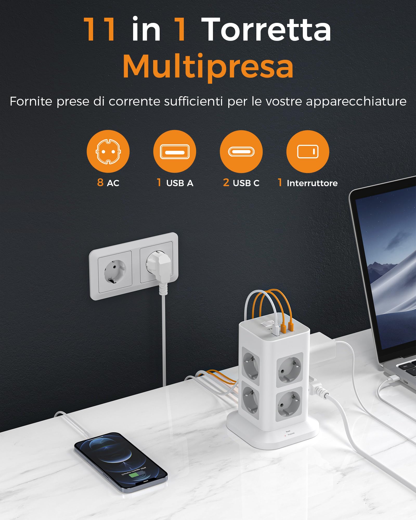 TESSAN Ciabatta Multipresa con USB C e 8 Prese, Presa Multipla Protezione Sovratensione 1700J, Torretta Multipresa 3600W con Interruttore, Ciabatta Elettrica 2 Metri