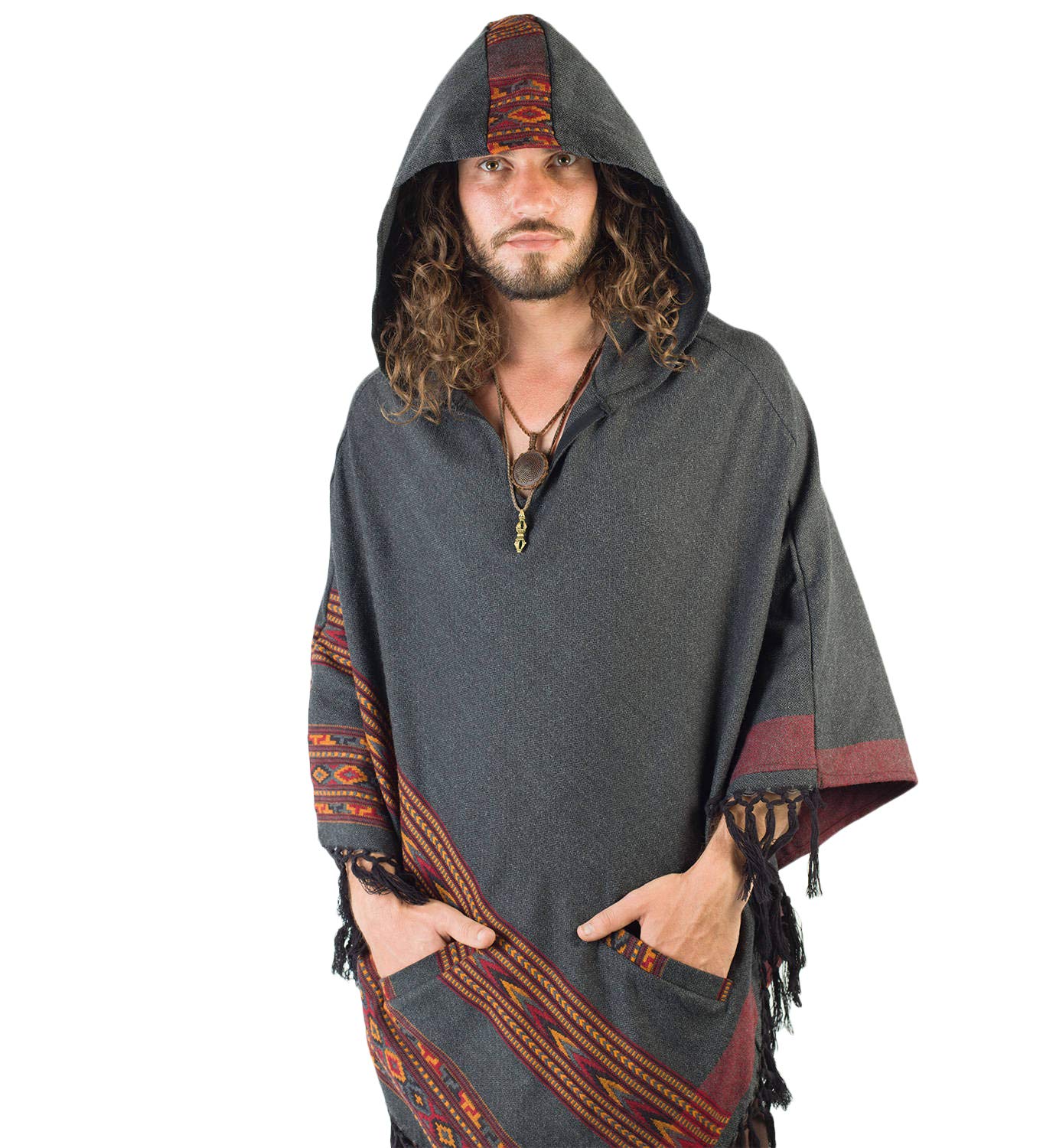 Poncho de lana de yak para hombre, color gris oscuro, capucha grande y bolsillos, patrón tribal terroso Festival Gypsy AJJAYA alternativa primitiva mexicana, gris, Taille unique