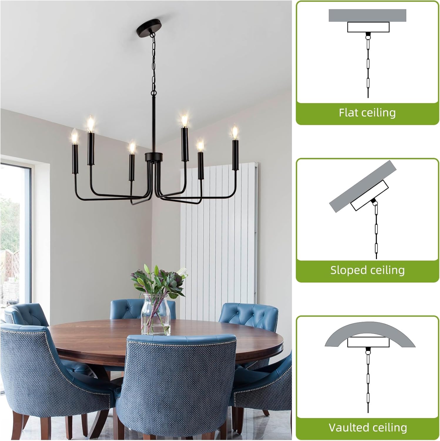 Mikeru Black Chandelier, 6-Light Vintage Industrial Pendant Light, Farmhouse Dining Lighting, Dimmable & Adjustable Height Chandelier. Suitable for Bedroom, Living Room, Kitchen, Office, Foyer.