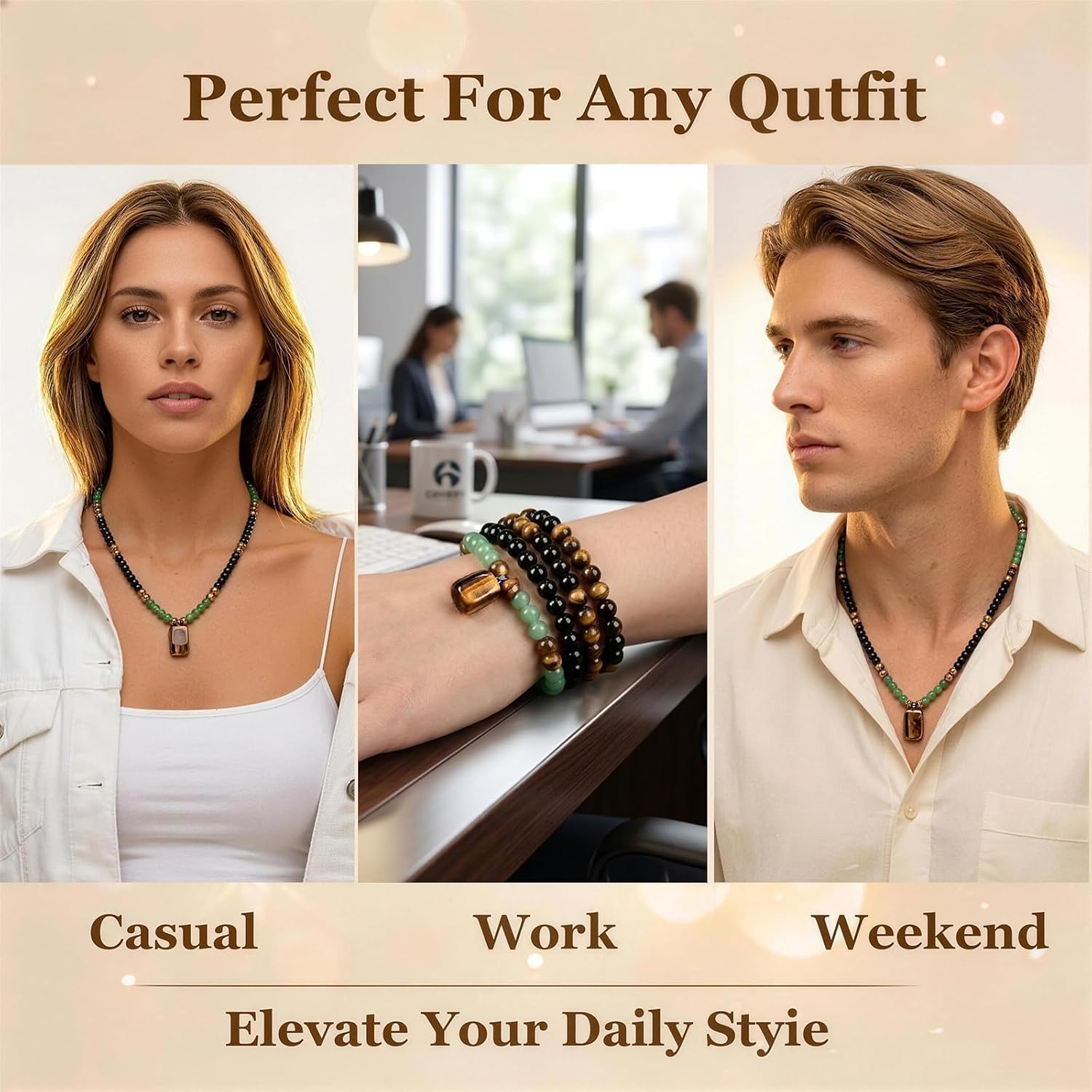 Amulet Jade Bracelet and Money Necklace for Men Women Money Attraction Bracelet Long Protection Beaded Necklace Feng Shui Wealth Spiritual Crystal Hematite Obsidian Tiger Eye Jewelry Gifts