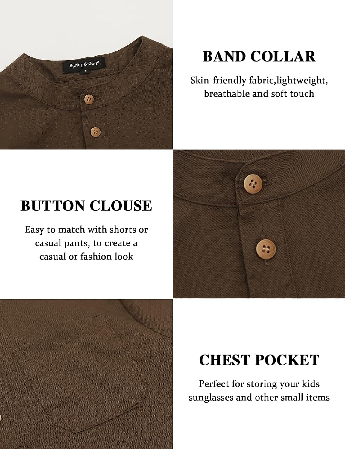 Spring&Gege Boys Linen Henley Shirt Short Sleeve Button Down Summer Beach T-Shirt with Pocket Lightweight for Kids Ages 5-12
