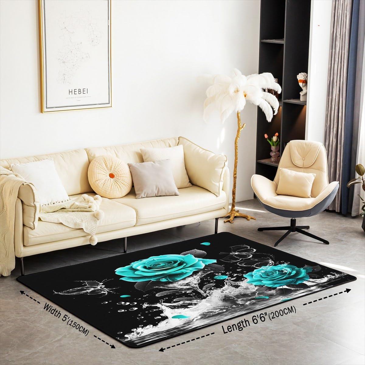 Feelyou Teal Rose Area Rug 5x7 Romantic Floral Blossom Living Room Rugs Set for Adult Black Teal Decorative Carpet Reflection on Water
