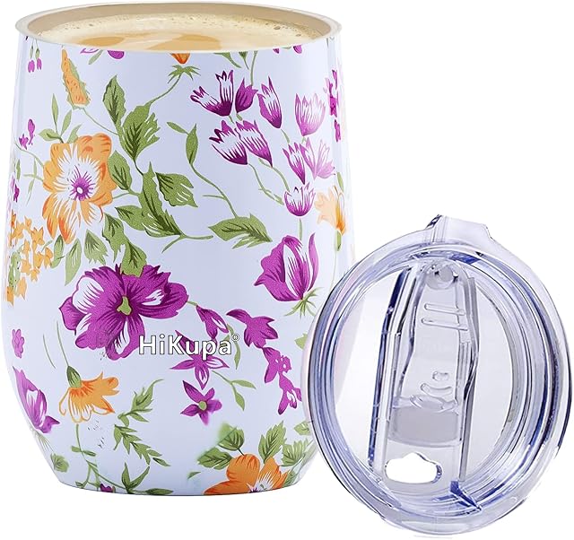 HiKupa® Coffee Mug 12oz, BPA Free, 350ml Reusable Coffee Cup, Double Walled Stainless Steel Vacuum Thermal Insulated Travel Mug for Hot and Cold Drinks (White - Flowers)