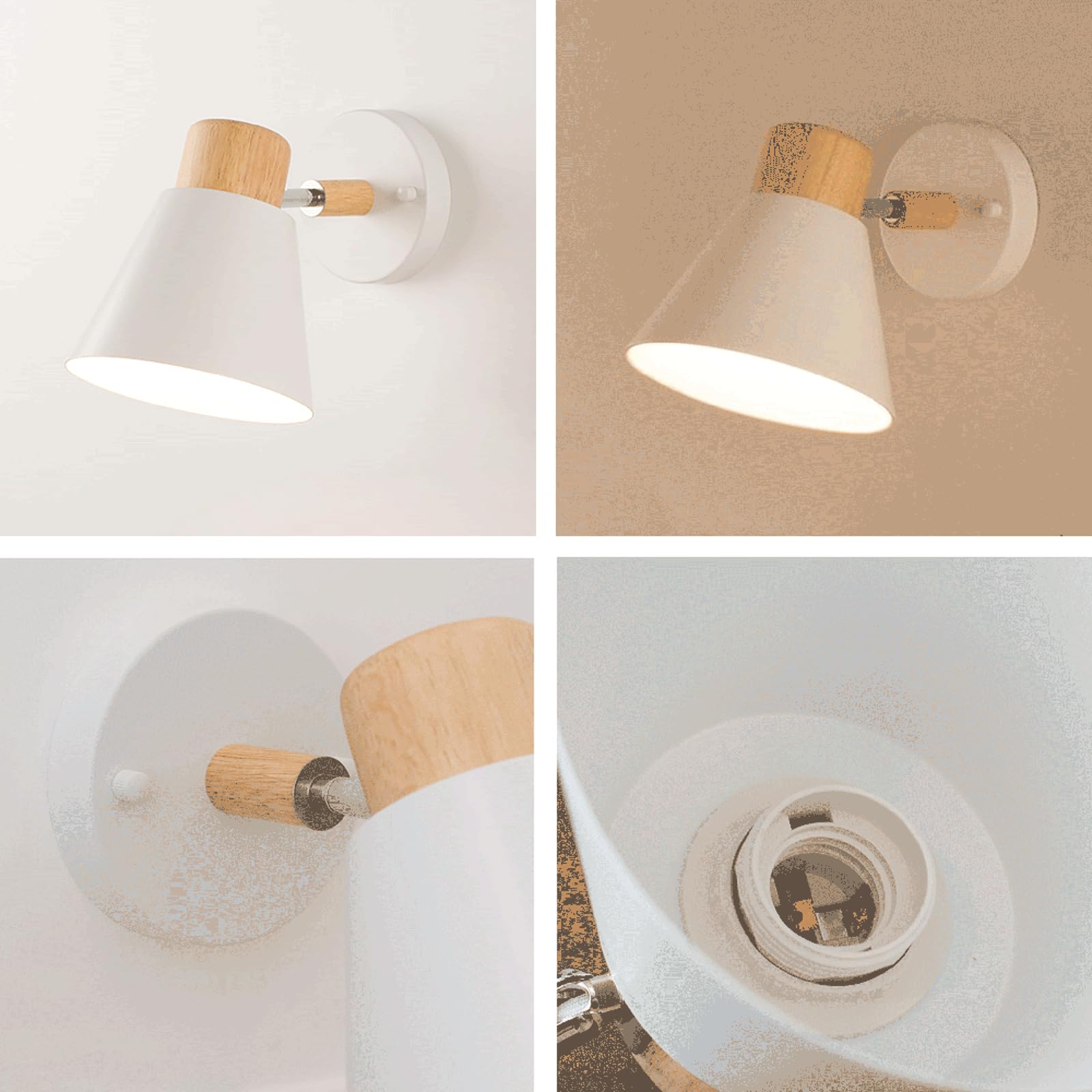 Aplique de pared retro para mesita de noche, aplique de pared de metal blanco con lámpara de madera, lámparas de pared ajustables a 180°, accesorio de iluminación E27, apliques de macarrón nórdic