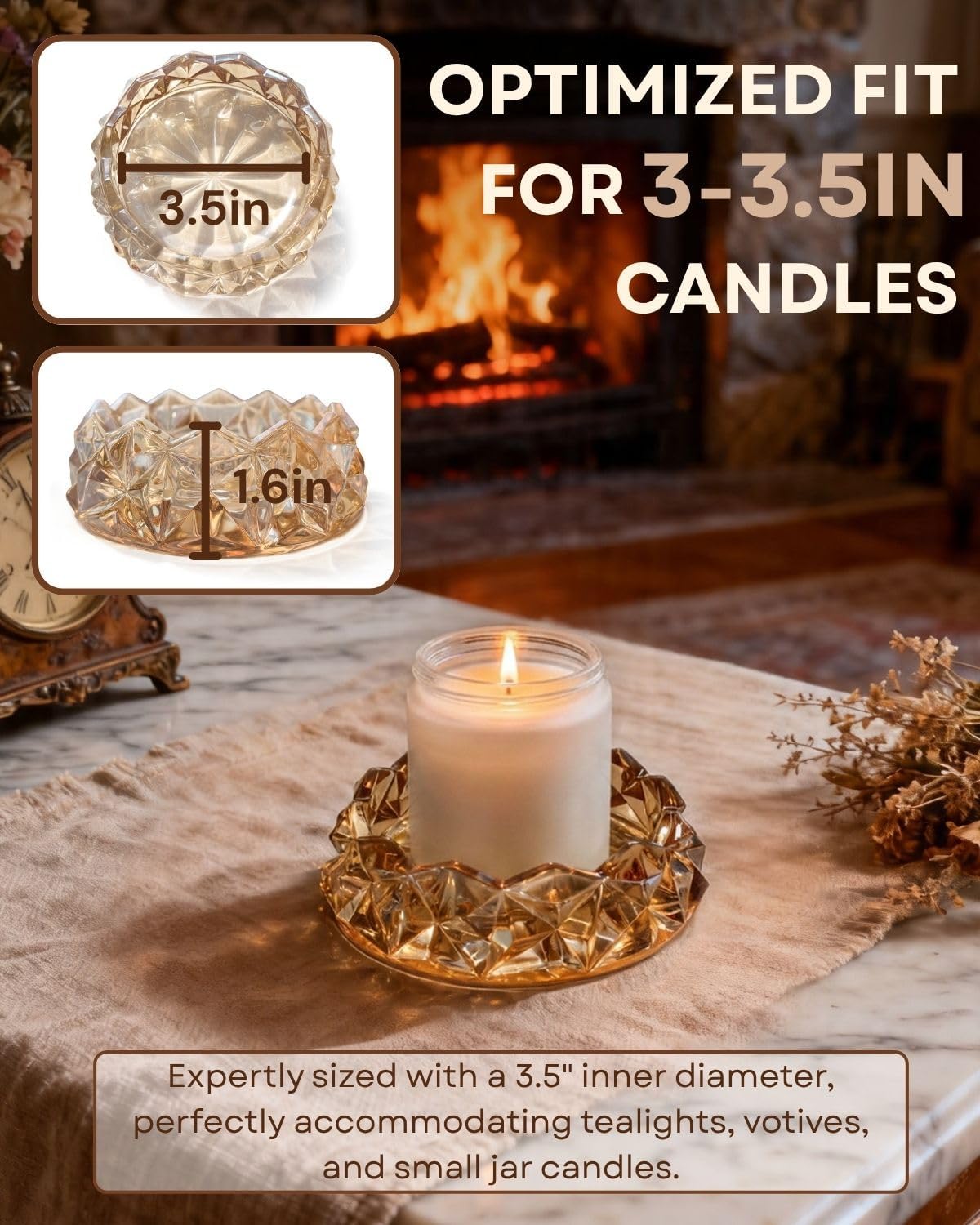 Small Geometric 4in Glass Candle Holder – Crystal Tealight Dish & Mini Candle Tray for Small Scented Candles, Votives & Aroma Stones(Honey Amber-4in)