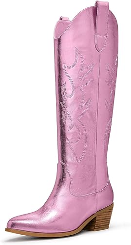 Ouepiano - Botas vaqueras blancas para mujer, botas con longitud hasta la rodilla, tacón grueso y puntera puntiaguda, sin cordones, pantorrilla