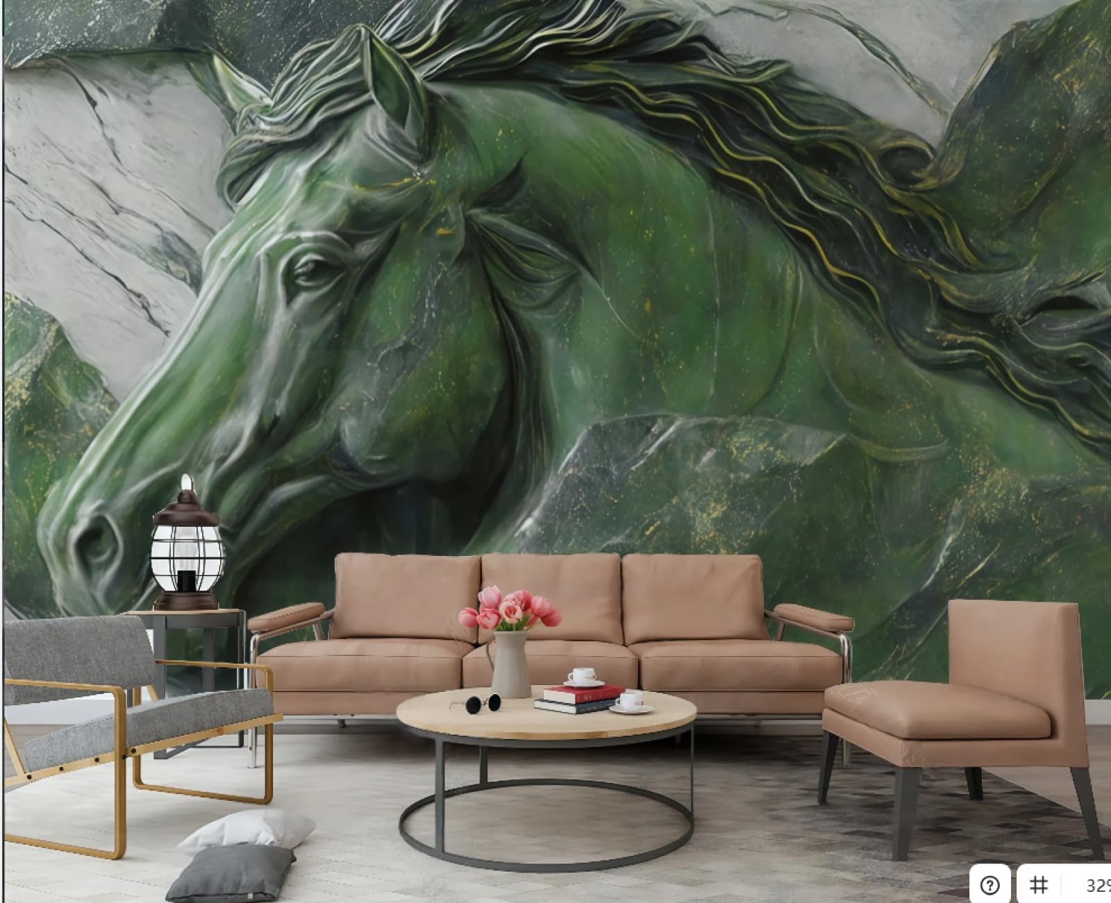 Tapeta nowoczesna minimalistyczna sztuka abstrakcyjna zielony koń relief marmurowy wzór krajobraz TV sofa tło tapeta ścienna salon restauracja kawiarnia mural, 3D, 300 x 210 cm