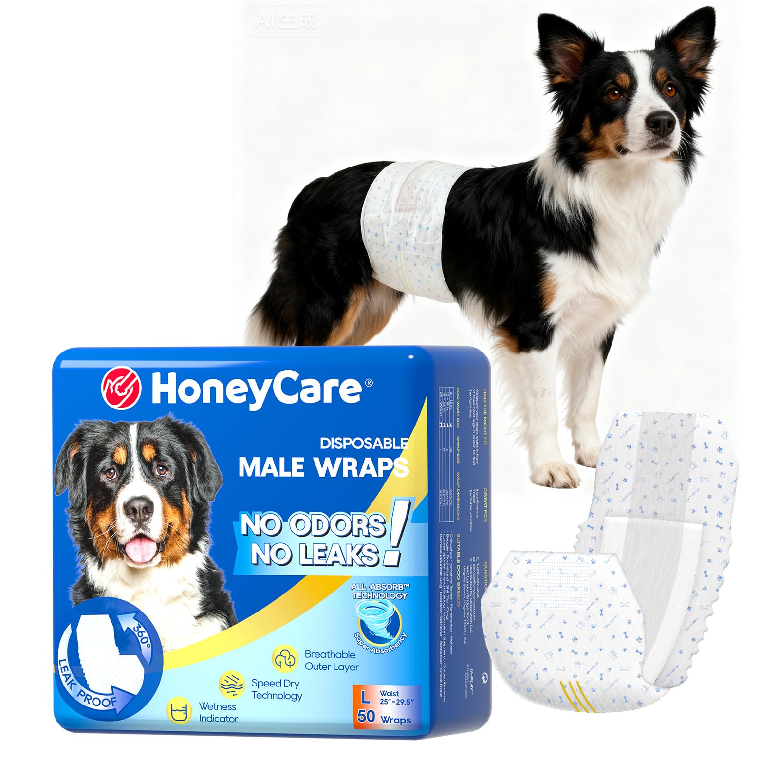 HONEYCARE ハニーケア 犬 おむつ 男の子用マナーおむつ おしっこ用 50枚入り ペット用 高吸収性 柄付き (L)