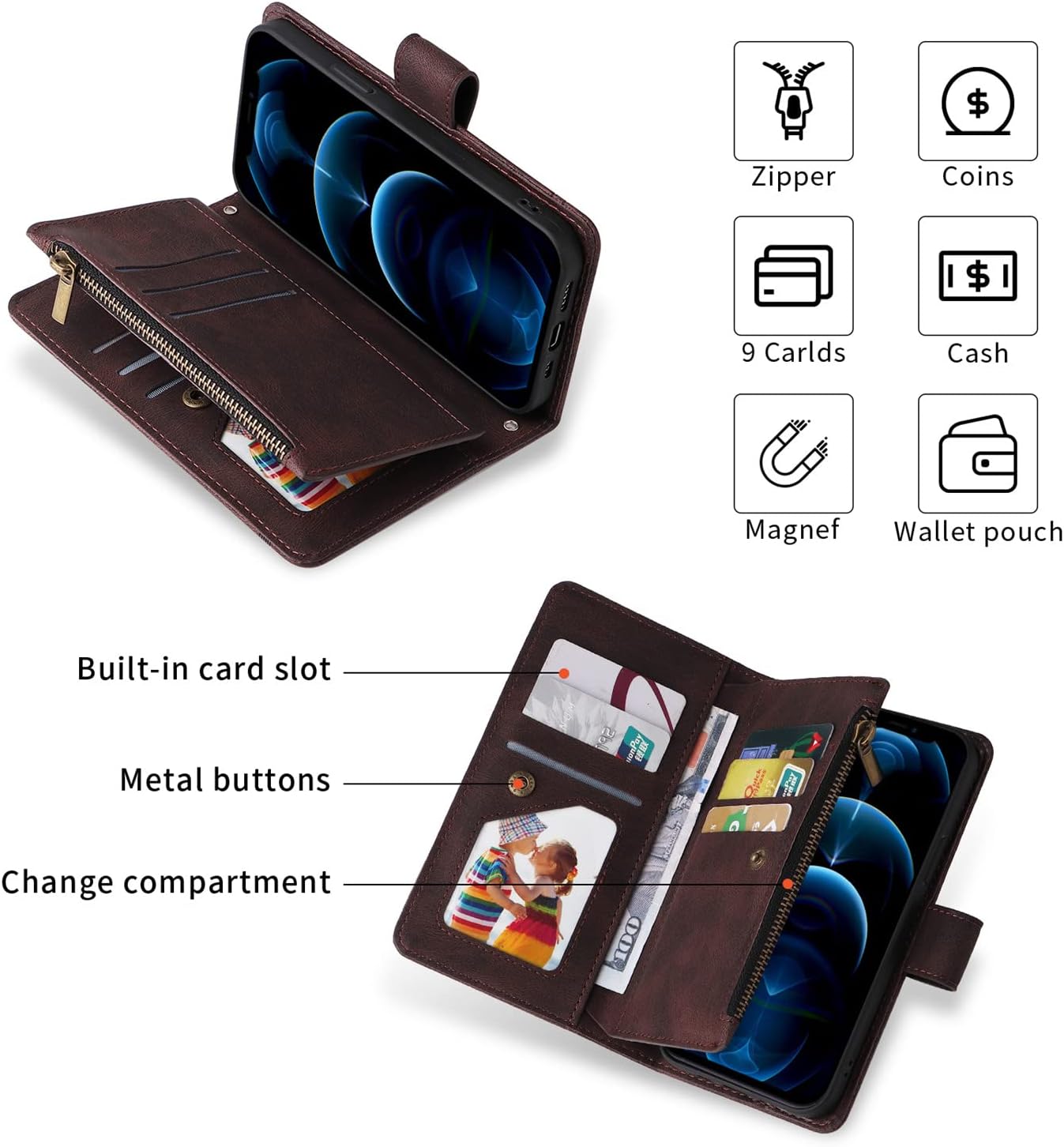 XYX Wallet Case for Samsung Z Fold 3, Crossbody Strap Cover Zipper Pocket Cash with 9 Card Slot for Galaxy Z Fold3 5G, Brown