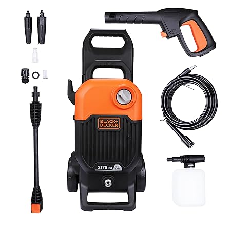 Black + Decker Bepw2200 2000W 2175 Psi 150 Bar Pressure Washer for Car, Bike, Home & Garden Cleaning Use with Multiple Accessories Included, 1 Year Warranty, Orange & Black