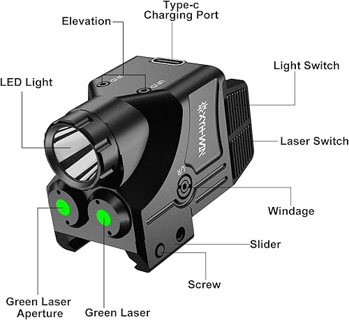 Miniatura 3 de linterna táctica de 600 lúmenes con láser verdecírculo verde, luz de pistola con función estroboscópicaconstante, visor láser de doble color, USBC