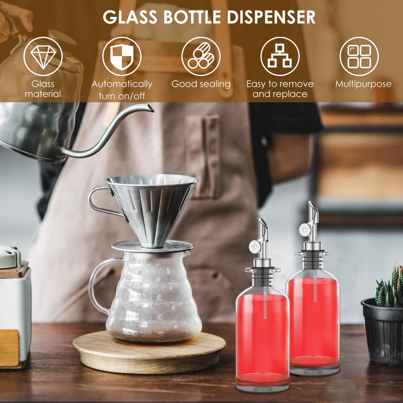 Olive Oil Dispenser Bottle, Oil and Vinegar Dispenser Set with Funnel & Waterproof Label, 350ml Cooking Oil Dispenser Bottle, Glass Oil Dispenser Bottle, Coffee Syrup Dispenser for Kitchens(silver)