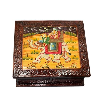 Rockshok Brown Color Wooden Rajasthani Art Work Jewellery Box (20 x 20 x 6.5 cm)