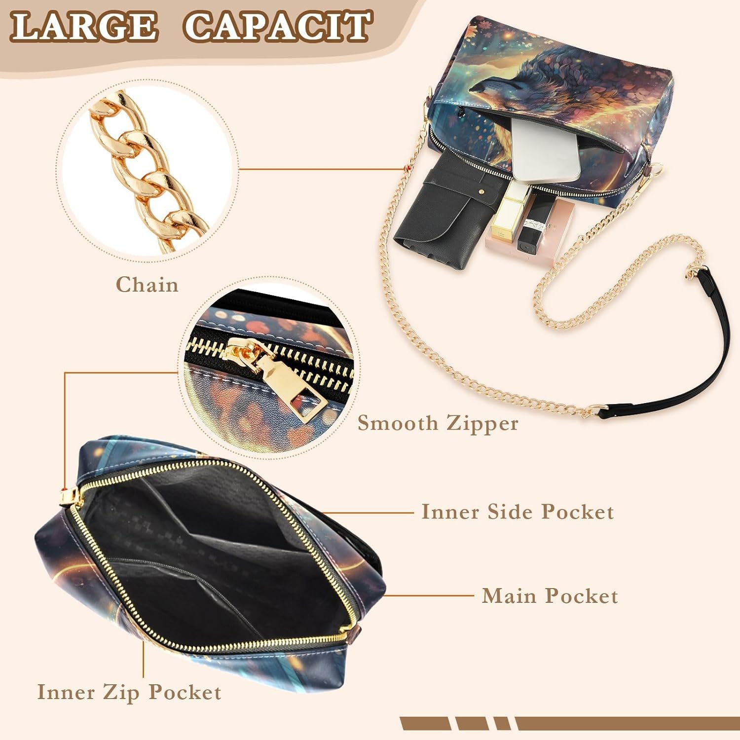 Women Crossbody Bag Shoulder Handbag Cellphone Purse Art Painting Wolf Flower Print, PU Leather Metal Chain Strap Water Resistant Zipper Closure