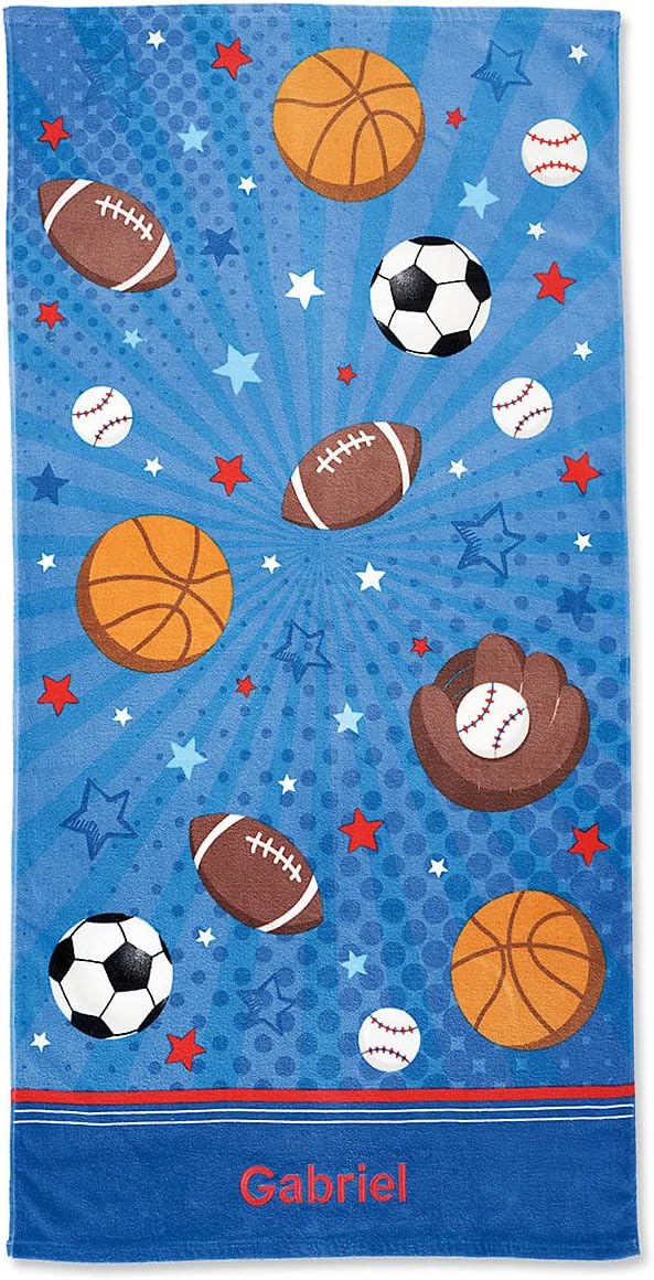 Lillian Vernon All Sports Personalized Boys Towel - Custom Embroidered with Name or Monogram, Extra Large 30” x 60” Kids Towels, Quick Dry Design for The Beach, Pool, or Bath, Plush 100% Cotton