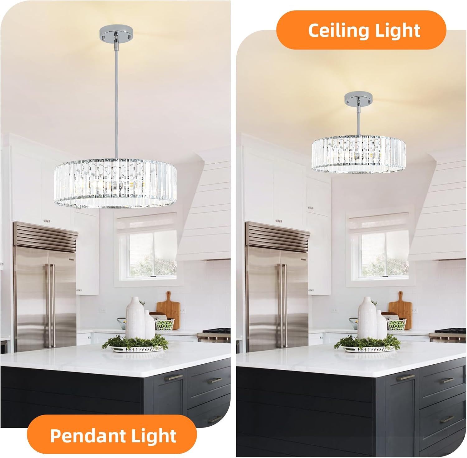 4-Light Chrome Crystal Chandelier,Modern Dinning Room Light Fixture,Round Pendant Light Kitchen Island,Semi Flush Mount Ceiling Light for Hallway Living Room Entryway Bedroom,16 Inch