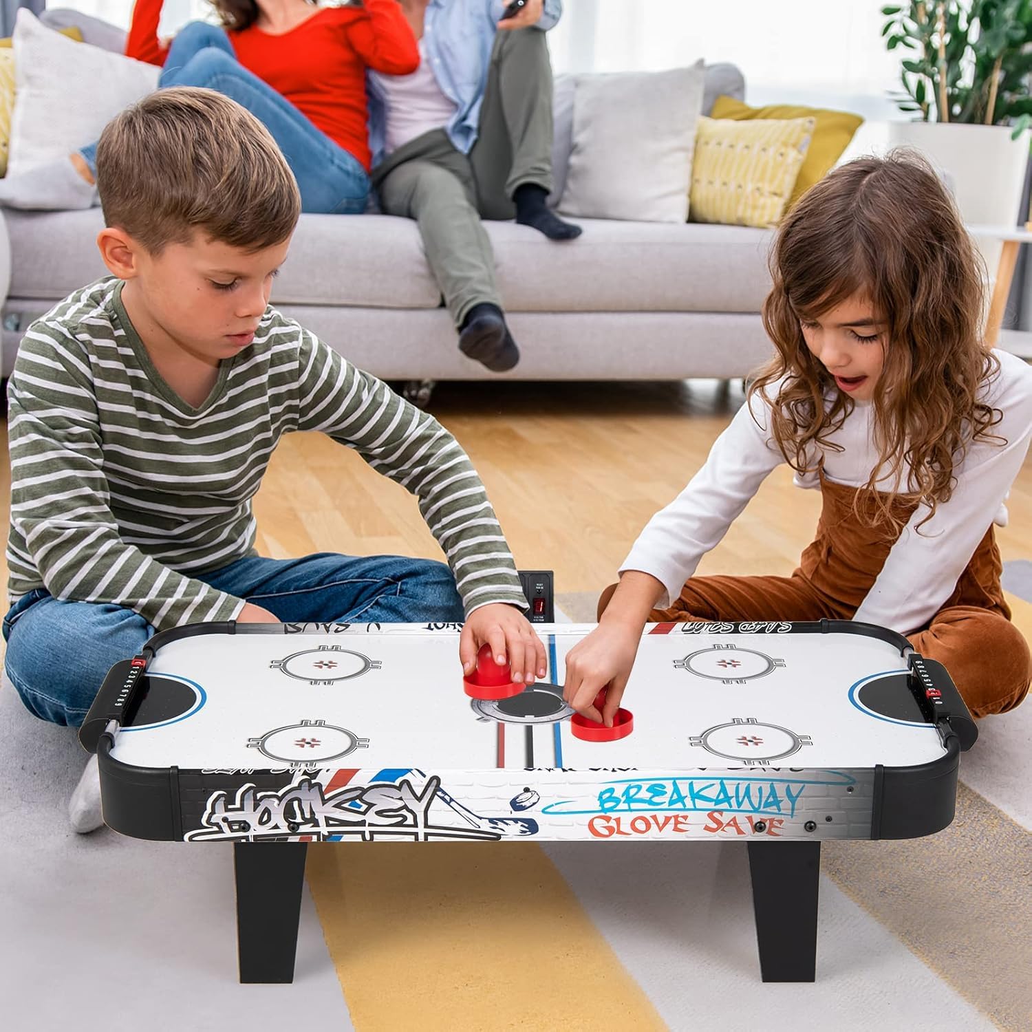 GOPLUS Mesa de Hockey de Aire, Hockey de Mesa Plegable con Marcador Electrónico, Motor de 12V, 2 Discos y 2 Empujadores, Juego de Hockey de Pie, para Sala de Juegos, Hogar y Oficina