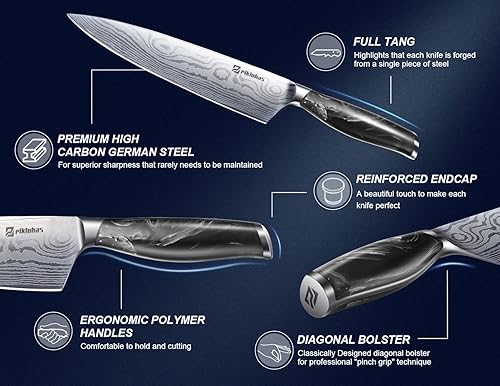Miniatura 3 de Piklohas Cuchillo de chef cuchillo de cocina profesional ultra afilado de 8 pulgadas acero inoxidable alemán de alto carbono con patrón de damasco