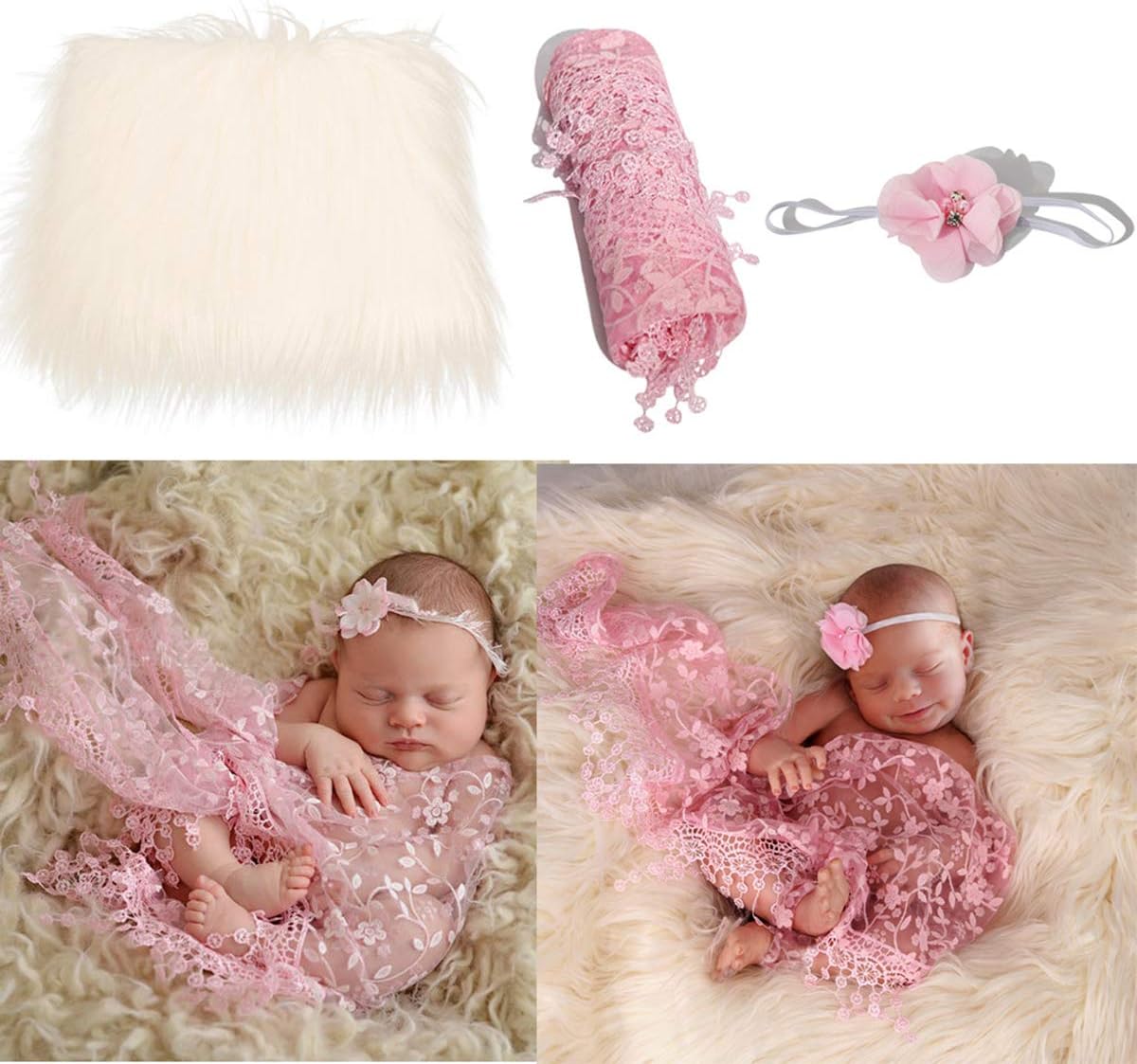 3 Pcs Newborn Photography Props Outfits, Fluffy Baby Posing Photoshoot Blanket + Embroidered Lace Baby Photo Wrap + Headband with Flower Set, Infant Toddler Girls Posing Props